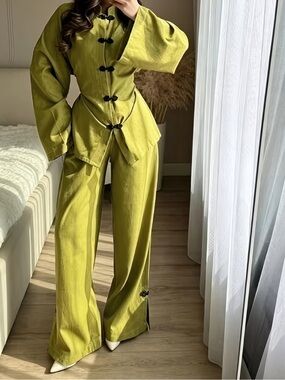 Women'S New Chinese Style Button-Front Solid Color Long Sleeve Top And Pants Set
